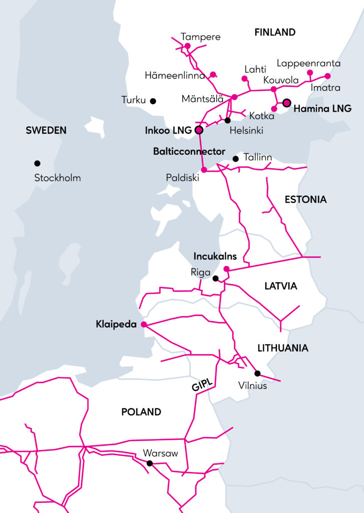 Map of Finnish and Baltic gas transmission pipelines