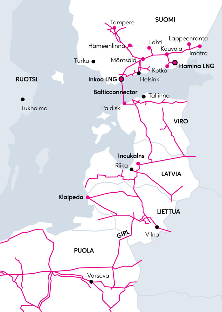 Kartta Suomen ja Baltian kaasuverkoista