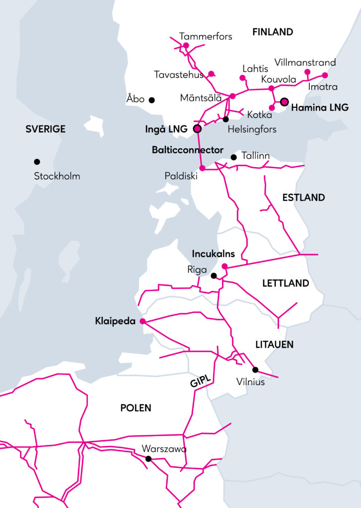 Karta över de finska och baltiska gasnäten